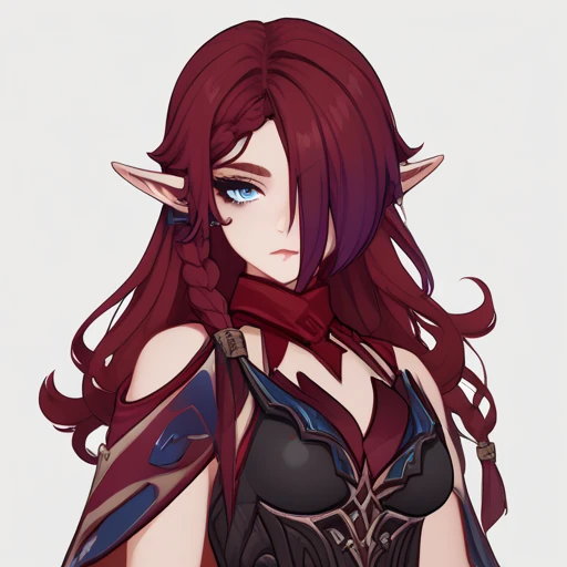 KJOchasca, red hair, blue eyes, pointy ears, hair over one eye, long hair, braid, complete white background, front, face and chest only, hairs going downwards, no curly hairs