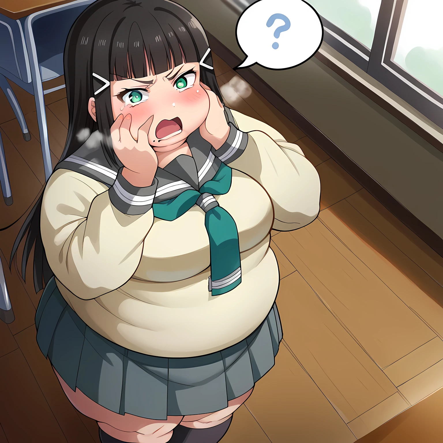 score_9, score_8_up, score_7_up, source_anime,
diakurosawa, dia kurosawa, long hair, bangs, black hair, hair ornament, green eyes, sidelocks, hairclip, blunt bangs, mole, mole under mouth, angry, anger vein, open mouth, shouting,
skirt, school uniform, short sleeves, pleated skirt, serafuku, socks, neckerchief, kneehighs, black socks, green neckerchief, grey skirt, uranohoshi school uniform,
indoors, classroom,
looking at viewer, cowboy shot, dutch angle, swollen face, fat, chubby, obese, open mouth, out of breath, absurdres, highres icon, rating:General, confused, blush, spoken question mark, {flustered}, nervous sweating, portrait, pov hands, hand on another's cheek, averting eyes, [looking away], straight-on, from above,  upper body, masterpiece, best quality, ultra-detailed, high resolution, 8K, absurdres, highres icon,