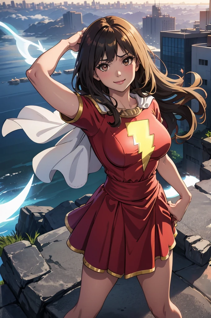 best quality,masterpiece,looking at viewer,absurdres,1girl,score_9,score_8_up,score_7_up,source_anime BREAK   mary marvel, white cape, red dress, red skirt, short sleeves, bracer, large breasts, smile, looking at viewer, blue sky, clouds, cityscape, (flying:1.4), upper body, from above, arm up, fist, hand to hip