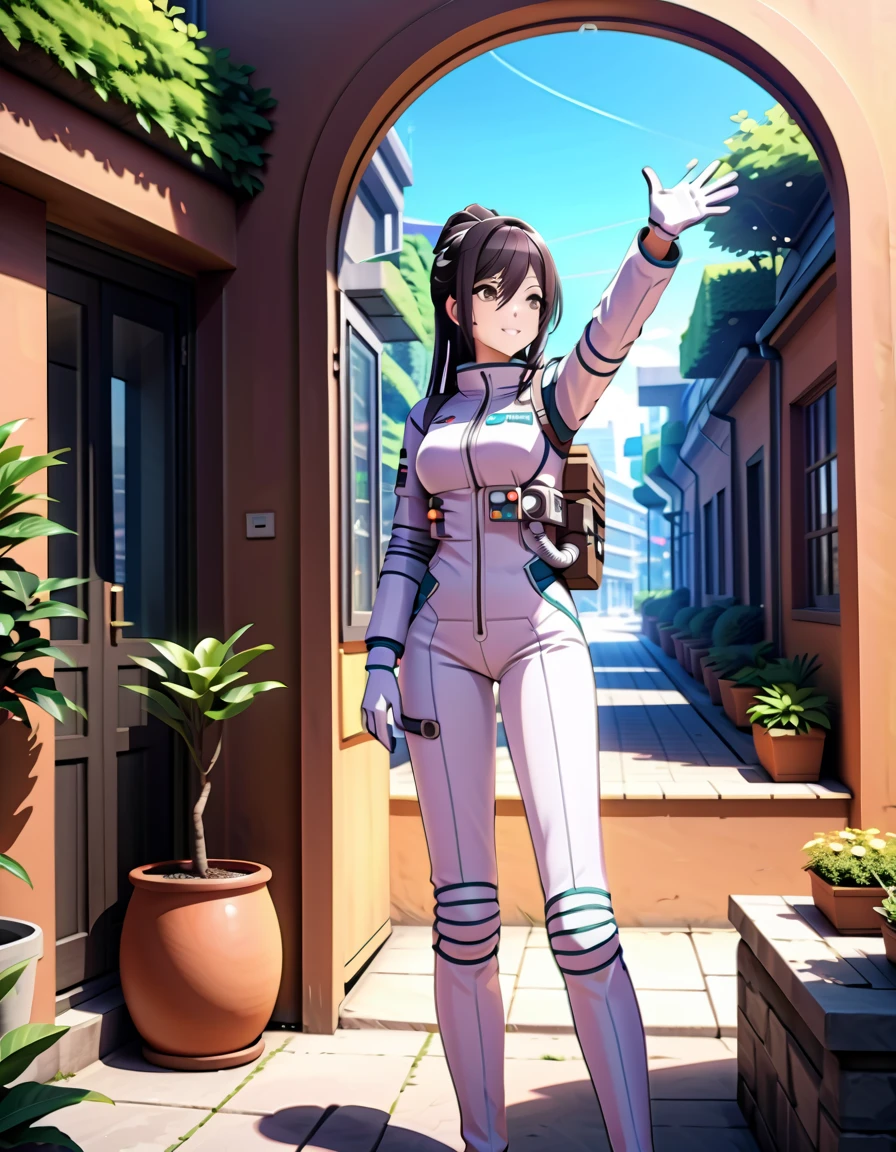 (spacesuit:1.15), white cargo pants, astronaut)bubble helmet, space helmet, white gloves , , looking close at you, outdoors, city, plant, tree, display window, day, blue sky, sunbeam, standing, masterpiece, best quality, 1girl, beautiful, solo, , shirase sakuya, srssky, black hair, straight hair ponytail, bangs, yellow eyes, large breasts, happy, waving, fullbody