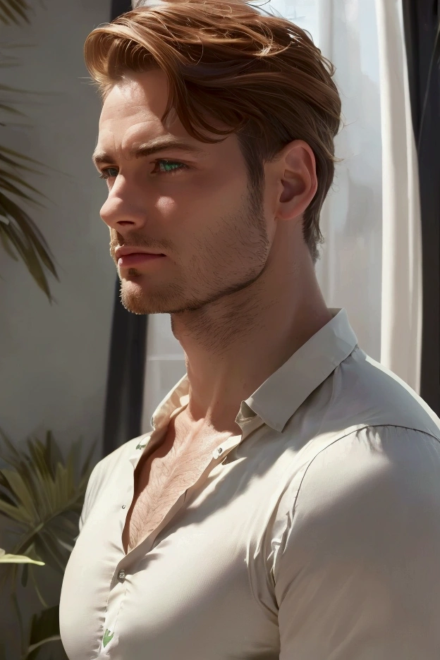 ( better quality ,highres), attractive 40-year-old Caucasian man with distinguished features , athletic build, high height,  Light brown hair of medium length , clean-cut gradient haircut , intriguing green eyes,  seductive smile with a soft expression ,  He wore a black V-neck shirt , , Detailed description of facial features ,  perfectly symmetrical face , sharp details,ultra-thin representation , studio lighting that masterfully accentuates his excellent features,