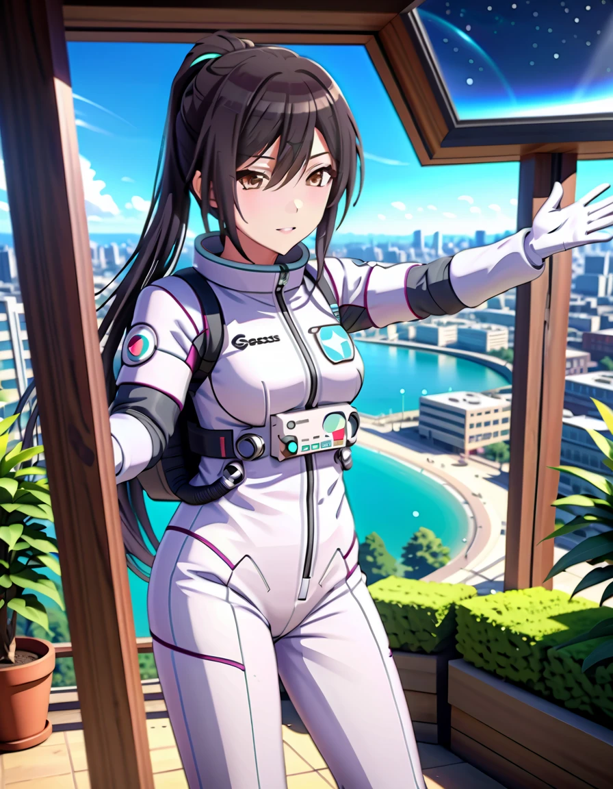 (spacesuit:1.15), white cargo pants, astronaut)bubble helmet, space helmet, white gloves , , looking close at you, outdoors, city, plant, tree, display window, day, blue sky, sunbeam, standing, masterpiece, best quality, 1girl, beautiful, solo, , shirase sakuya, srssky, black hair, straight hair ponytail, bangs, yellow eyes, large breasts, happy, saluting, fullbody