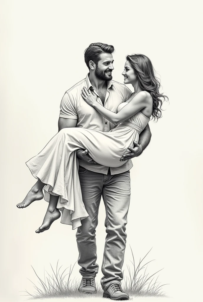 um casal, one man and one woman, Tall man, Short woman, In pencil drawing