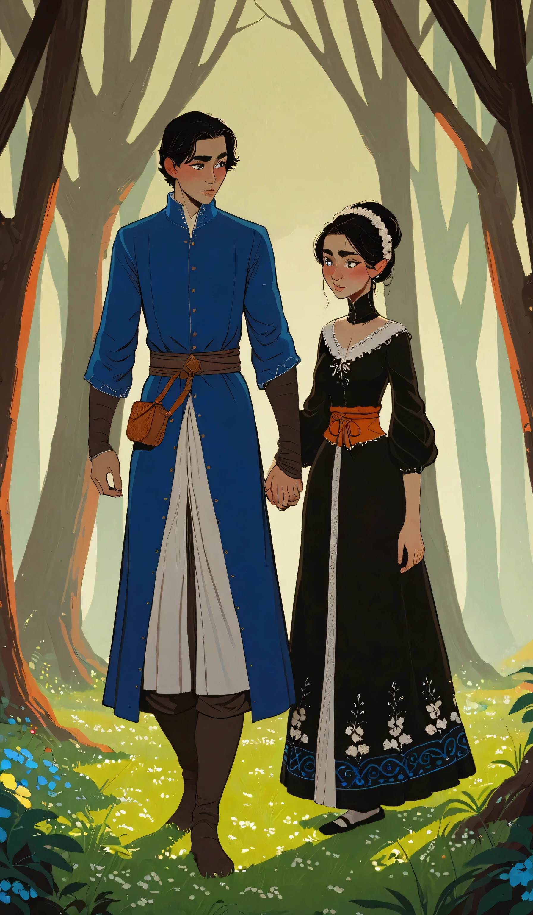 2D ART, hyper detailed gouache painting, realistic features, cartoon, illustration, gougoupaintleaves style:1.2, 1girl wearing a vibrant medieval peasant dress standing next to, 1boy wearring tunic and leggings, at night, full body shot of a young couple walking together in a dark forest, hyper detailed faces, soft serene expressions, detailed clothing, High-quality illustrations, Trending on artstration, wide angle shot, flat painting, Illustration Art, Ilya Kuvshinov style, The Art of Mathematics ilya kuvshinov, highly detailed, uhd image, intricate details detailed scene background, detailed, 8k, trending, amazing art, score_9, score_8, score_7, a digital painting inspired by Will Barnet, by Magalli Villaneneu, tumblr, Digital Art, incase style, Digital Art