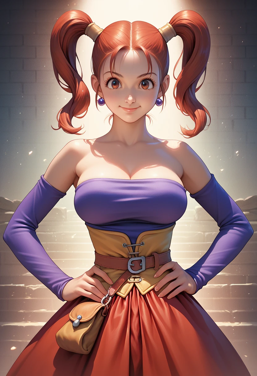  1 girl, Alone,  standing,  Confident Look ,  put your hands on your hips , Bare shoulders, Red Hair,  twin tails,  young woman,  Jessica Albert , Dragon Quest VIII ,  clevis,smile, Big Breasts, amount, hair intakes,  Jessica Albert  clothes, Long Red Skirt,  vibrant colors, Realistic lighting,  detailed skin,  detailed face ,  Front Shot ,  Leaning on the Camera ,  Masterpiece ,  best quality,  detailed background,  anime style ,  high definition ,  high definition,  complicated,  sharp concentration,  cute face