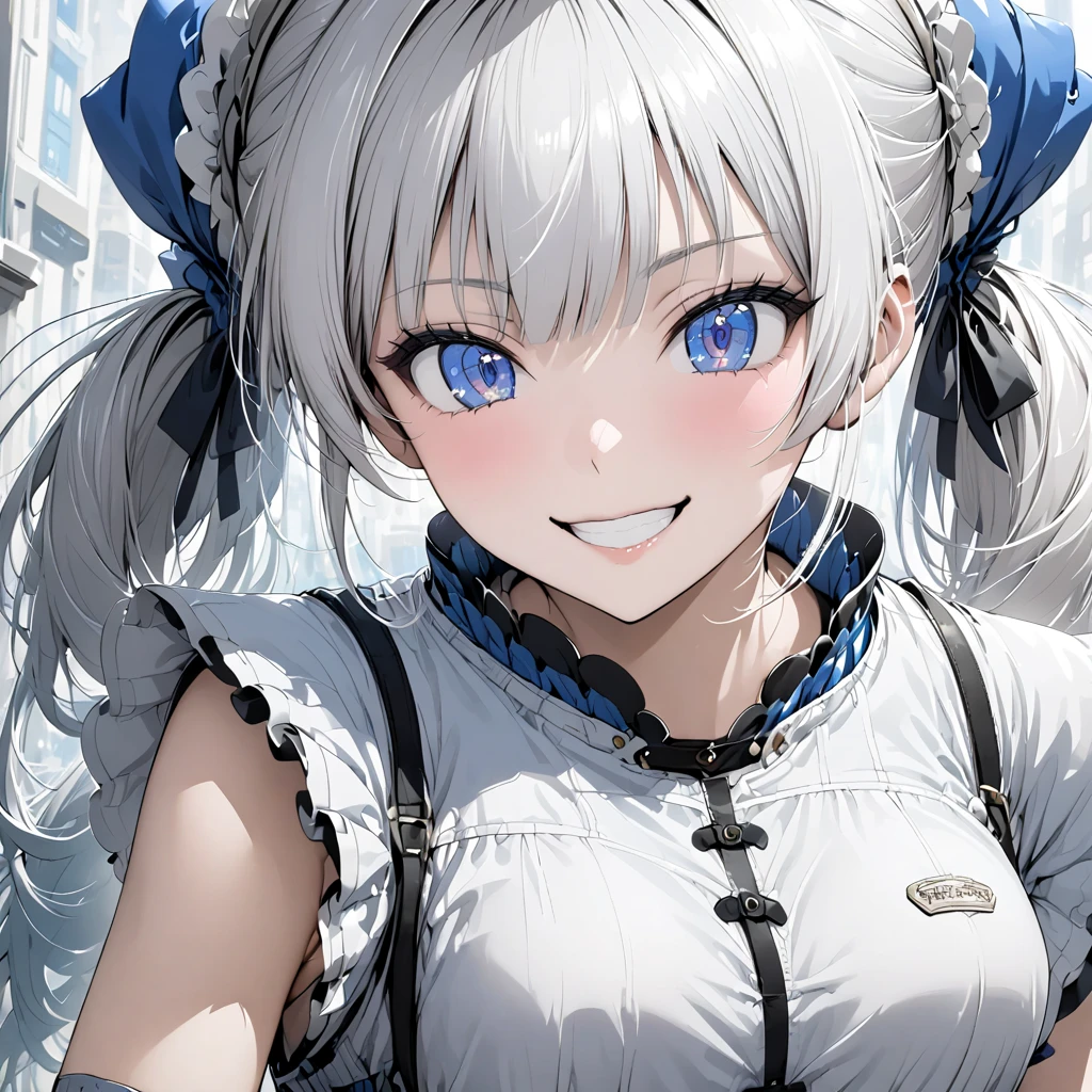 white-haired blue eyes、 girl、Small breasts、Twin tails、Laughter、Nico Nico Smile、Wink、 girl、Looks about 、Petan Musume、short、Wearing cute short-sleeved clothes、There are highlights on the eyes