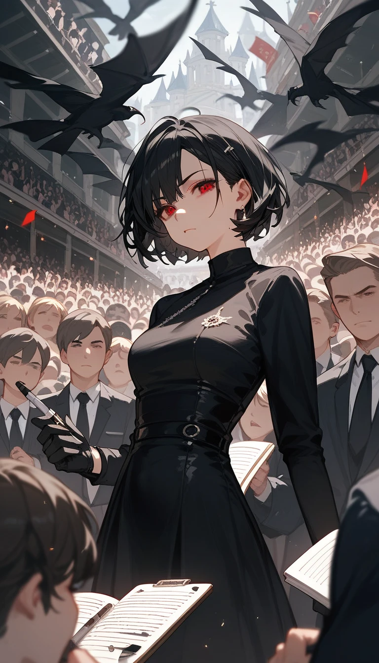 girl,Thin Black Hair, Slightly White , in red eyes , pretty short hair ,Black-and-white pen line images, Evil,Crowd of Crows , Black Dress with Long Sleeves Closure, Chestnut-sized, Black long-sleeved shirt , put on black gloves