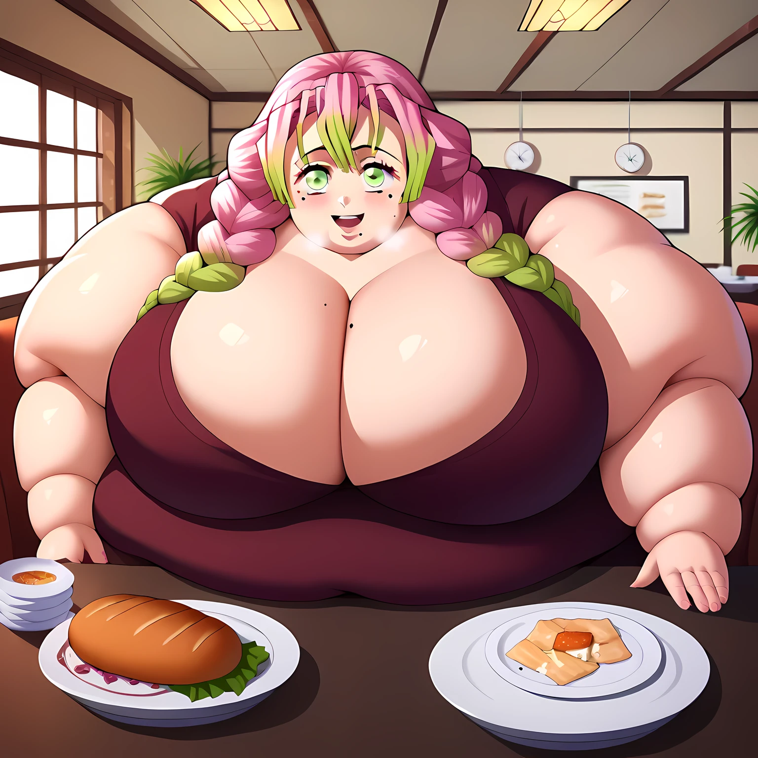 score_7_up, BREAK source_anime, KMitsuriV4XL, 1girl, solo, smile, mole, mole under eyes, waitress, restaurant, plates, indoors, professional light, big breasts, cleavage, cute, kind, nice,  fat, chubby, obese, gigantic arms and legs, large breasts open mouth, out of breath