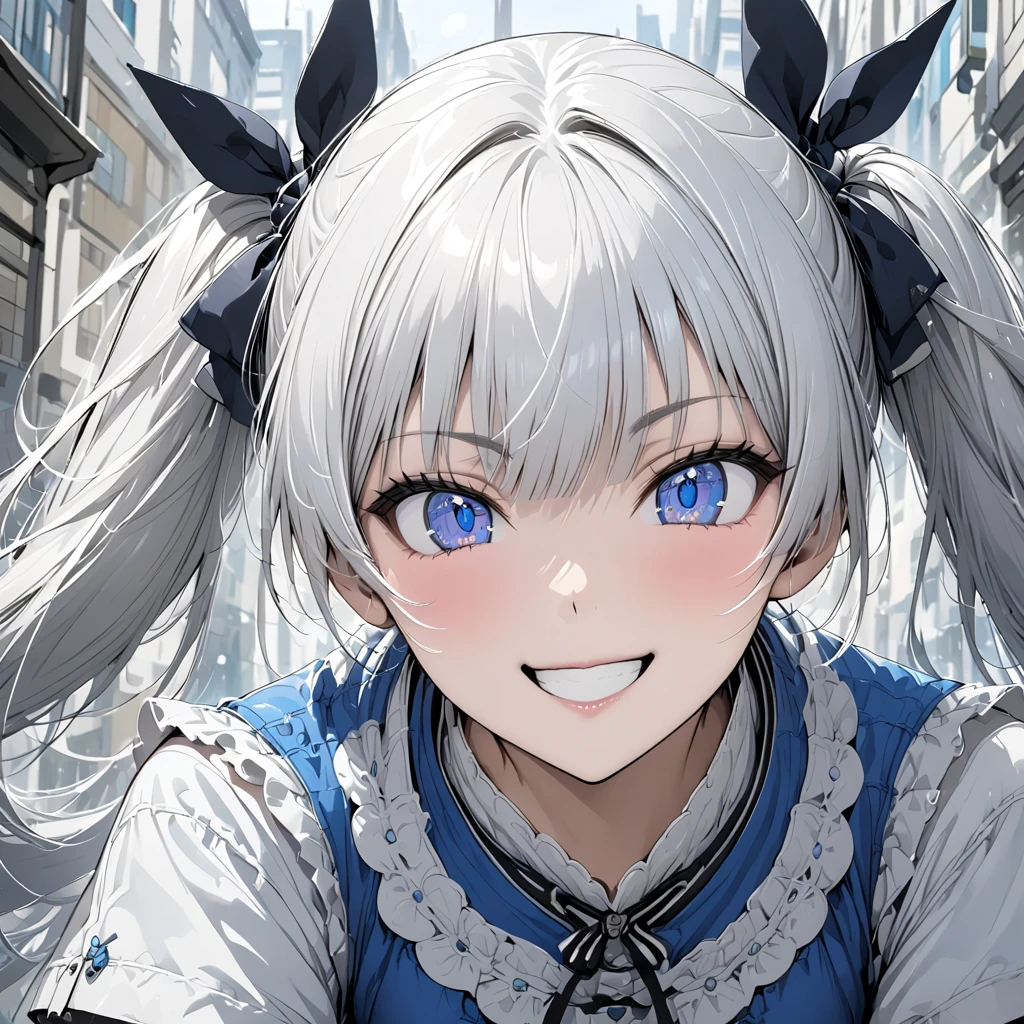 white-haired blue eyes、 girl、Small breasts、Twin tails、Laughter、Nico Nico Smile、Wink、 girl、Looks about 、Petan Musume、short、Wearing cute short-sleeved clothes、There are highlights on the eyes