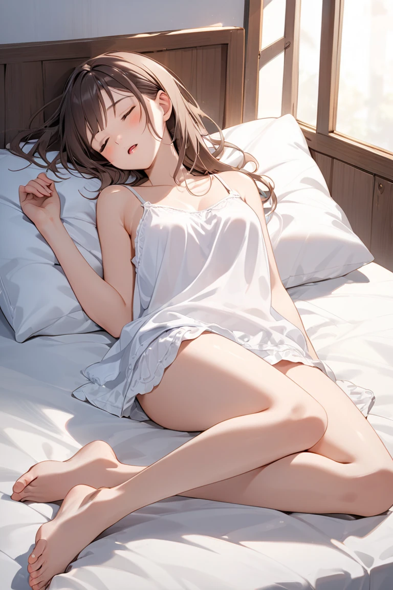 masterpiece, high resolution, illustration, Makoto Shinkai style, your name is movie style, night, midnight, 1 man, (1 woman: 1.3), (solo: 1.4), long eyelashes, short bob, nose_blush, eyes closed, tongue out, futon, bed, sheets, lying on your back, lying on your back, in a futon, naked,, towel, chilarism, depth_of_field, taken from above, lying down, from above, legs spread, thighs, perspective, disheveled underwear, heavy breathing, (wet crotch: 1.4),