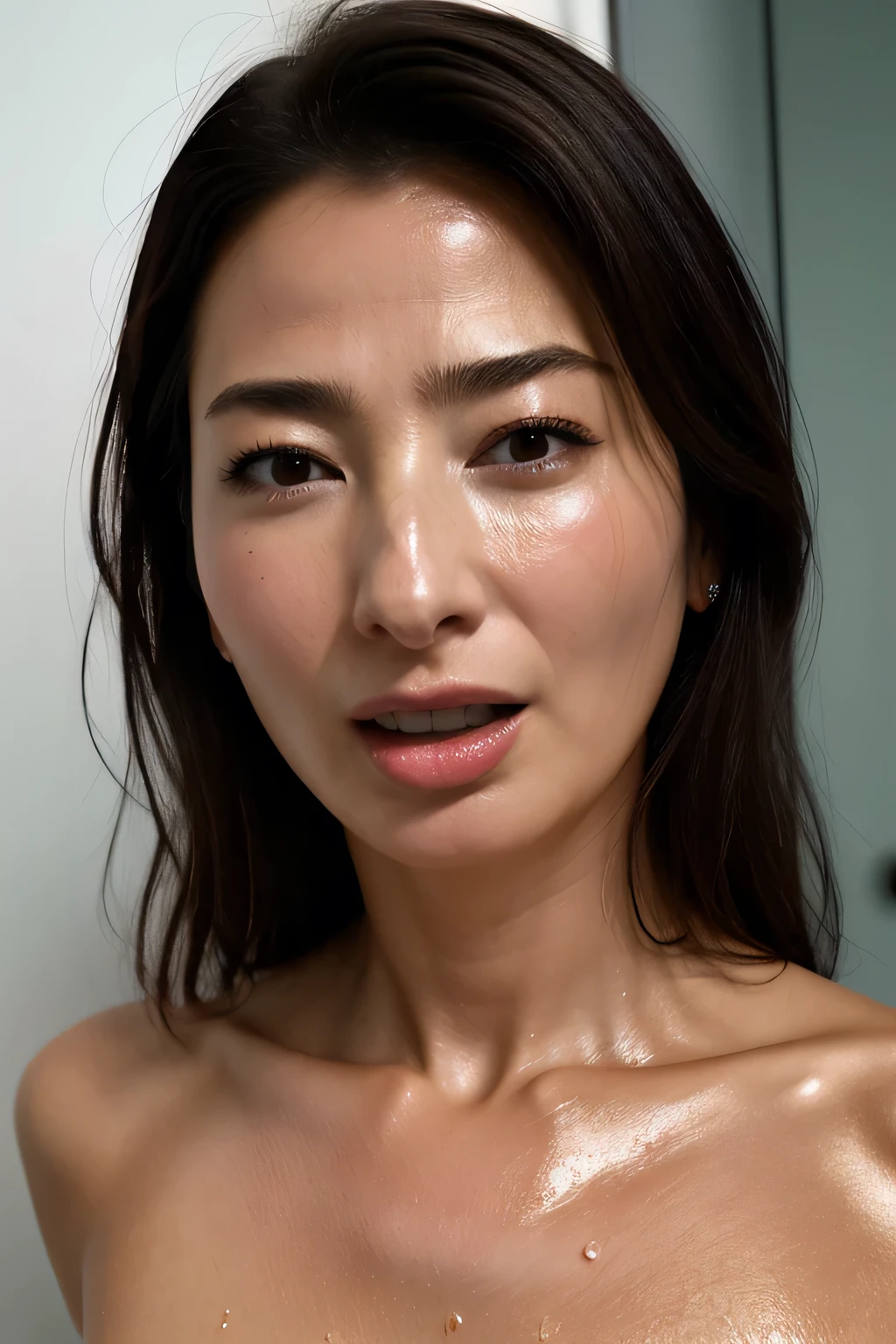 do, best quality, ( High Resolution CG Unity 8K Wallpaper), ( best quality), edge orgasm 、 face focus 、 woman with her mouth open and eyes closed 、Edgy woman_face、Age 30、 black hair、Very small toilet、((Sweaty face close-up)),((Sweaty skin))((Collarbones glistening with sweat,A face shining with sweat)),((Sweaty skin))((Sweaty skin)),Beautiful Japanese actresses, Emily Ratajkowski ,,furrowed brow, frown, embarrassed, scowl