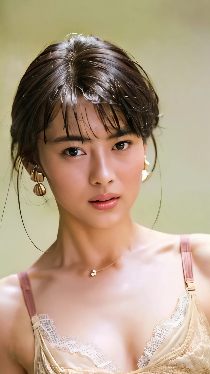 (Best quality, 4k, Masterpiece :1.3), pretty woman, 1girl, (breasts, attractive body :1.2), abs :1.1, dark brown hair: 1.1, (rainy wet, wet from rain, wet body :1.2), ultra-detailed face, detailed lips, detailed eyes, double eyelid