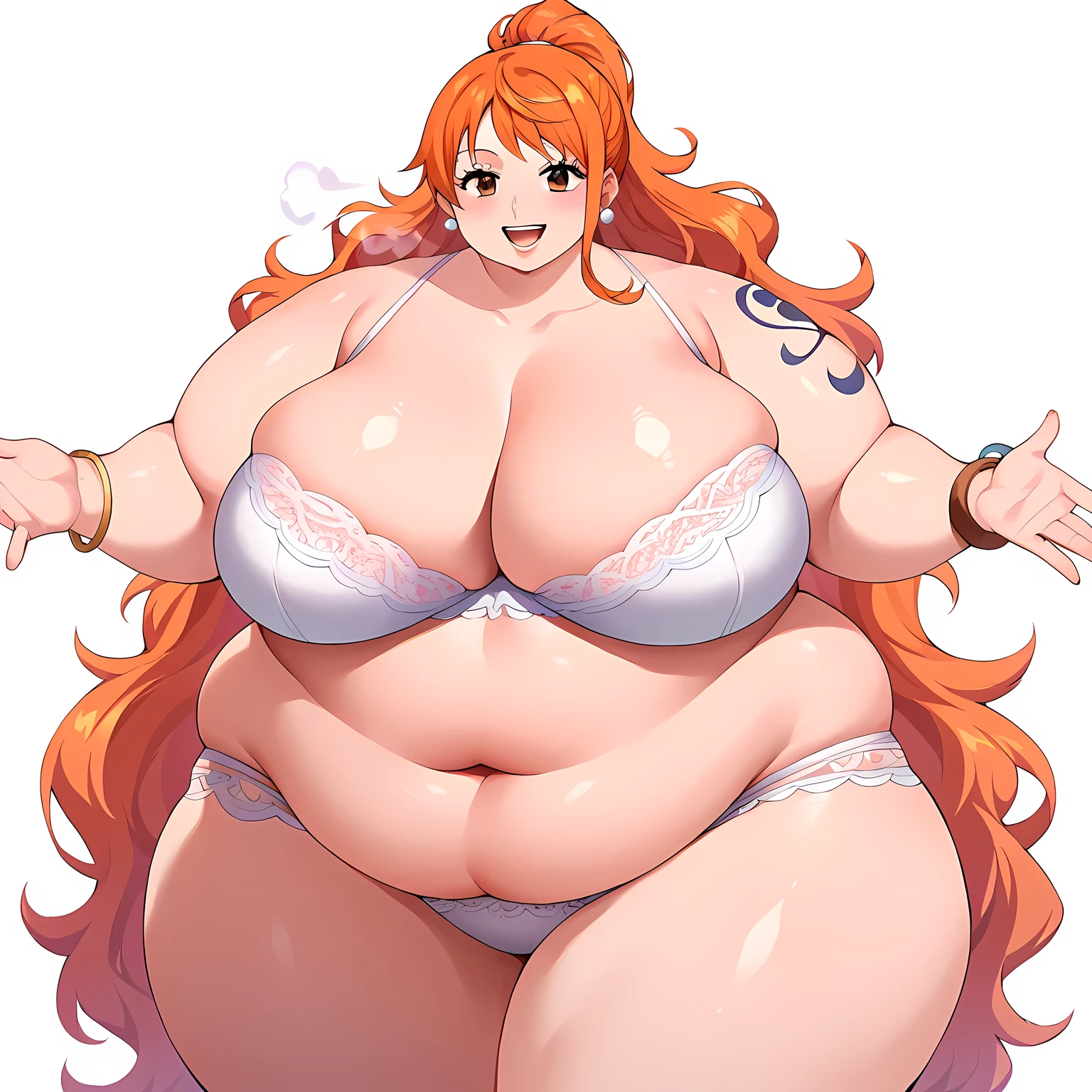 1girl, solo, long hair, smile, jewelry, orange hair, earrings, looking at viewer, bracelet, breasts, ponytail, brown eyes, orange eyes, left shoulder tattoo, bare shoulders, very long hair, sidelocks, bangs, collarbone, left arm tattoo, bare arms, shiny hair, bangle, large breasts, wavy hair, ,nami_\(one_piece\), white lace bra, white lace panties, standing, BEDROOM fat, chubby, obese, gigantic arms and legs, large breasts open mouth, out of breath