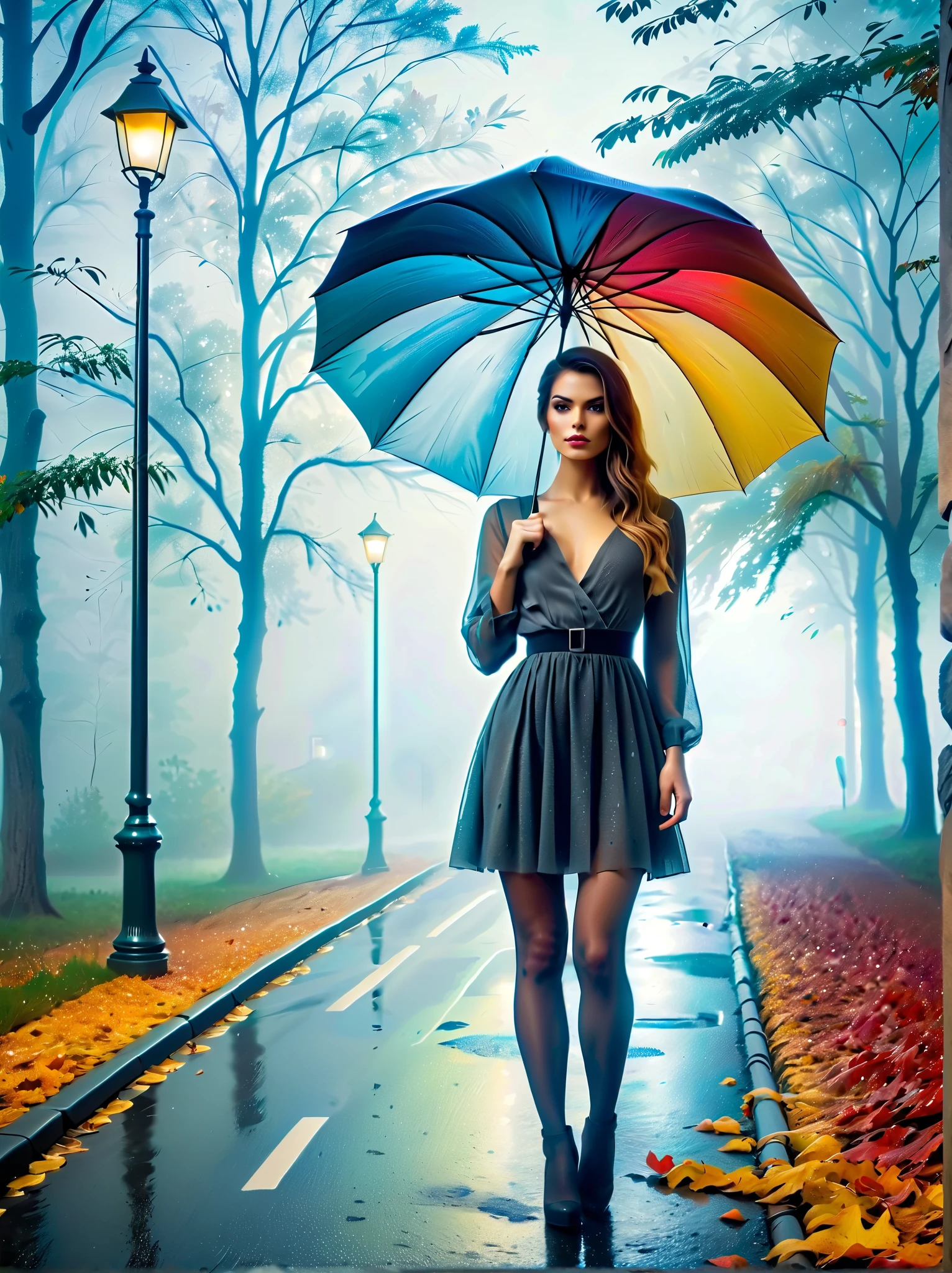 Woman in tight dress with umbrella in hand, in einer mistyen Stadt, colorful autumn leaves on the street, a picture by Kuno Veeber, pixabay contest winner, conceptual art, standing in the rain, mysterious woman, pretty girl, that stands in the rain, Single person with umbrella, woman ((silhouette)), ((misty)) and rainy, female image in the shadow, in a rainy environment, Rainy weather, Rainy roads in the background , ((Fog with light)), ((View from behind)), Light from the front