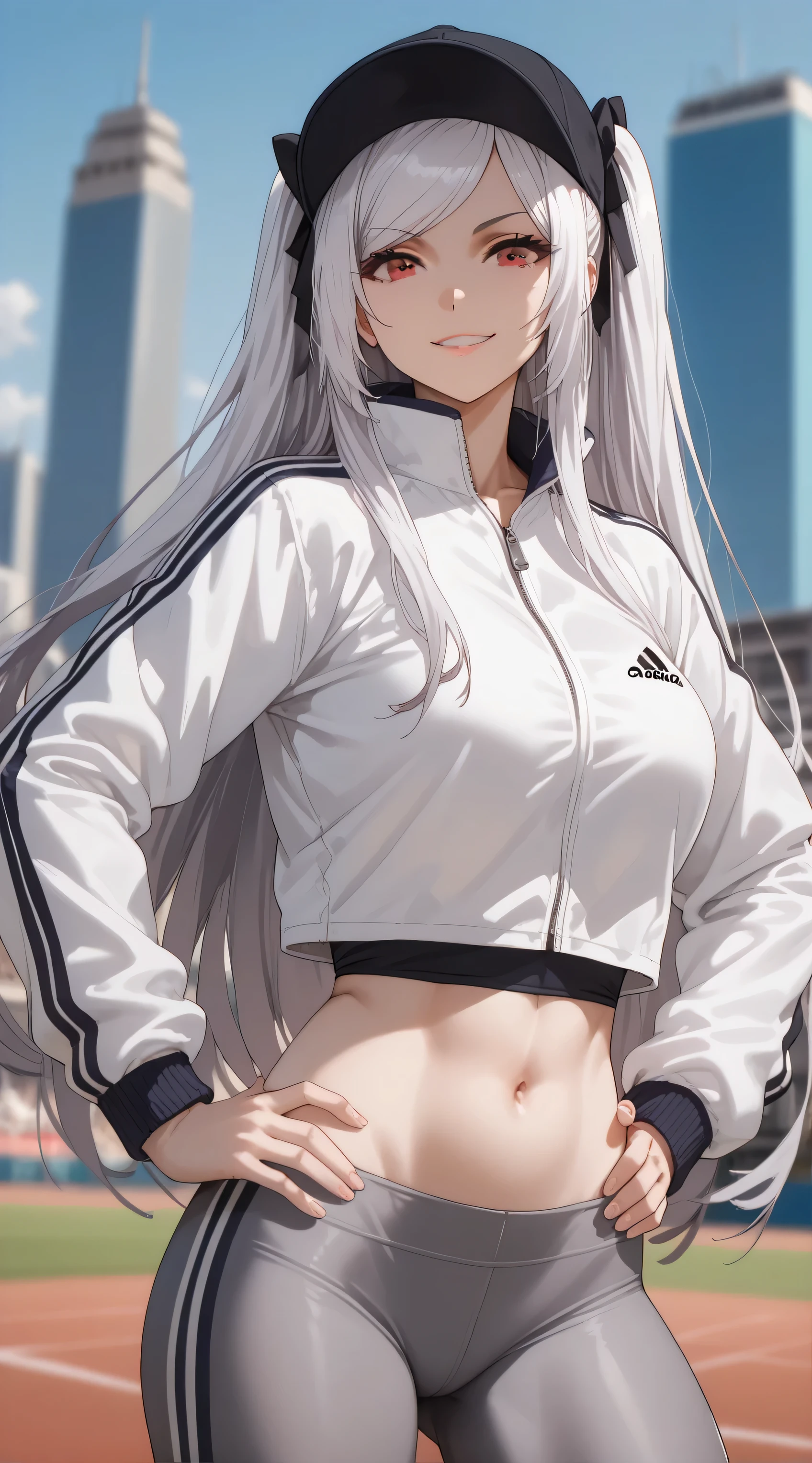 Source anime, Tall girl, Fit girl,score_9, score_8_up, score_7_up, score_6_up, uncensored, alexia midgar, long hair, , black hair ribbon, white hair, red eyes, sidelocks, ribbon, large breast, sports bra,grey leggings, navel, Adidas white jacket, white socks, sneaker, open clothes, cap, baseball hat, looking at viewer, seductive smile, city, day, blurry backgrounds, hand on hip, 