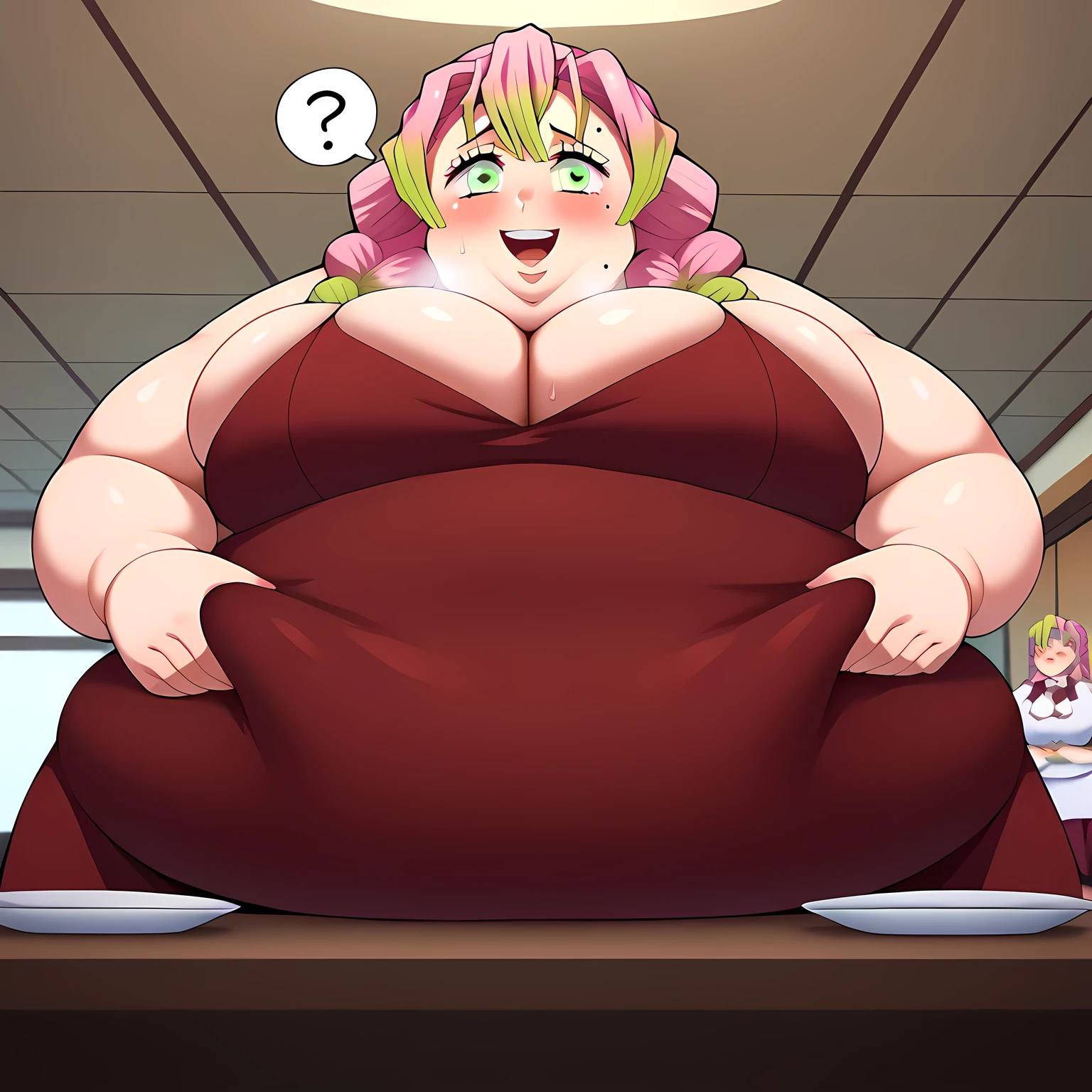 masterpiece, best quality, super detail, 4k, 1girl, anime girl, milf, (female ssbbw, covered modestly, modestly dressed,waering green waitress uniform, wearing apron:1.1), bbw, face clearly visible, wide ssbbw, massive belly, long red hair down to floor, large breasts:2.0,, hanging belly, high heels, extremely wide hips:2.0, massive thighs:2.0, massive calves, malicious smile, aroused, (getting turned on, standing,  wandering in a post apocalypse forest, eyes open, facing me, eyes very well defined (high priority), pupils very well defined(High priority)),(Face close to viewpoint) , Image in anime style, add detail, Background:(restaurant), face takes pov, high detail eyes, high detail pupils