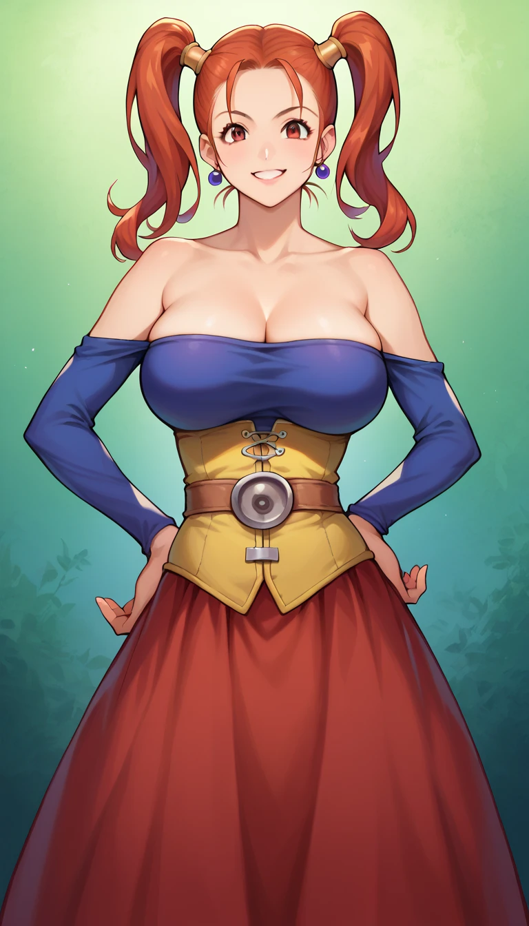  1 girl, Alone,  standing,  Confident Look ,  put your hands on your hips , Bare shoulders, Red Hair,  twin tails,  young woman,  Jessica Albert , Dragon Quest VIII ,  clevis,smile, Big Breasts, amount, hair intakes,  Jessica Albert  clothes, Long Red Skirt,  vibrant colors, Realistic lighting,  detailed skin,  detailed face ,  Front Shot ,  Leaning on the Camera ,  Masterpiece ,  best quality,  detailed background,  anime style ,  high definition ,  high definition,  complicated,  sharp concentration,  cute face