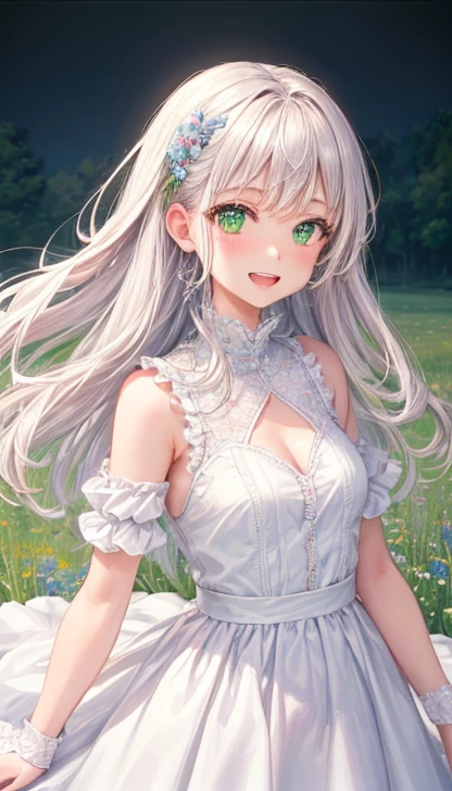 art by Cornflower,( Masterpiece),(top-quality:1.2),(  perfect anatomy ), 1 girl, (Pigeon's ear:1.3), vibrant colors,(White color clothes, Beautiful frills:1.2),BEAUTIFUL DETAILS Rich green eyes ,( white hair ), small breasts,(Sideways glance), open her mouth ,smile,Under the arms, atmosphere full of happiness and laughter , Soft Pastel Tones , teeth、 exudes a dreamy and elegant atmosphere, written depth of border , Bokeh, movie lighting, Standing in a field of green Bristol glass 