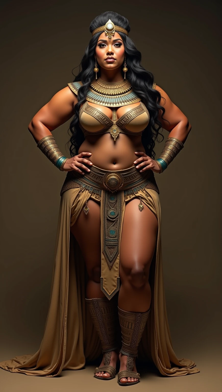 a highly detailed, realistic representation of Queen Nzinga, thick figure, attractive, gorgeous, beautiful, queen, African warrior attire, adorned with tribal jewelry and a striking expression.