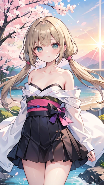 (highest quality, masterpiece, High resolution)、4K Anime Art、(1. Beautiful Japanese Women、10 years old)、(Dance happily on the beach)、 (Detailed depiction of a beautiful face)、Smiling Kindly、Large Breasts、Slim figure、、(Skirt and small top)、tropical、Palm tree、Blur the background、(Blank Background)、((White Background))、one person!!、Baby Face、Innocent face human、10 years oldの女の子、Long Hair、Blonde!、With bangs、small、Big eyes、barefoot、black eye、cute、Spread your legs、With ribbon、凄くLarge Breasts、身長のsmall、体のsmall、Short legs、、Are standing、underwear、
