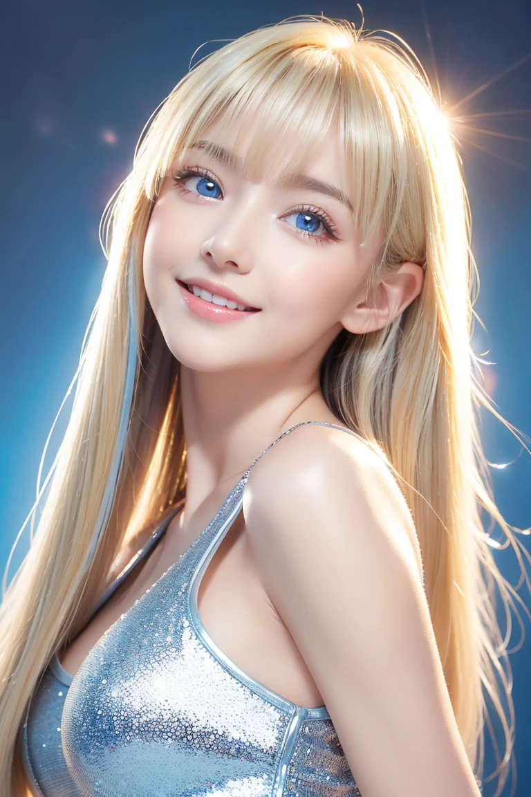 ((sfw: 1.4)), (( detailed face, cute face, detailed face, professional photography)), ((((standing)), (from side), (both hands on knee) , leaning forward ( grin smile : 1.2), earrings)), (( Shiny platinum blonde silk hair, beautiful shiny bangs, big clear sky blue eyes, very beautiful bright eye highlights, 1 Girl)), Ultra High Resolution, (Realistic: 1.4), RAW Photo, Best Quality, (Photorealistic Stick), Focus, Soft Light, (()), (( (young face))), (surface), (depth of field), masterpiece, (realistic), woman, bangs, ((1 girl))