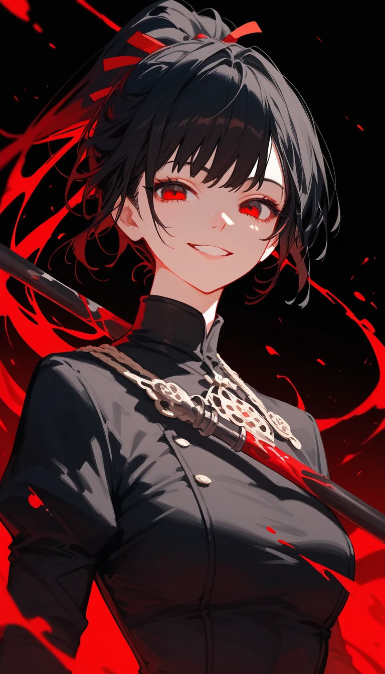 girl,Black hair, thin hair, slightly white, in red eyes , pretty short hair , long ponytail ,Black painting , Evil, Black Dress with Long Sleeves Closure, Chestnut-sized, Black long-sleeved shirt , put on black gloves, with a slight smile, black background,