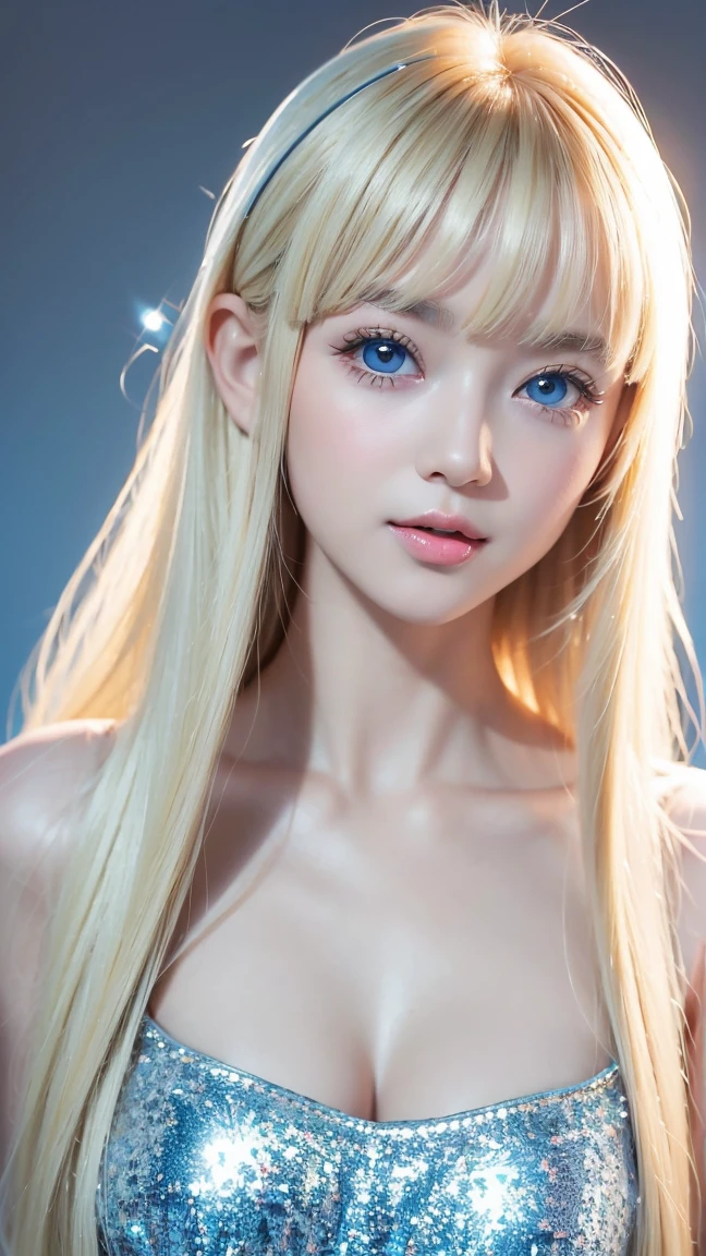  a sexy  old with dazzling shiny blond hair 、 the cutest baby face in the world 、Sparkling bangs dancing in front of her pretty face、Long, silky bangs that cover the eyes、Clear, big eyes that shine an incredibly bright light blue 、 super long straight hair with detailed grey background、 cute young woman's ridiculously long, super long blond shiny bright hair