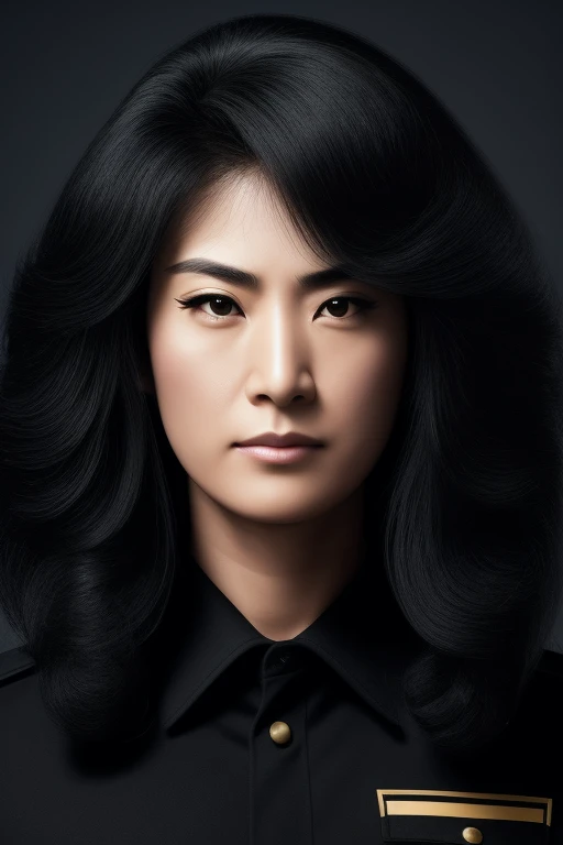 jet black hair,most very long hair,most very lion hair,most very wolf hair,most very frizzy hair,coarse hair,most very spread hairstyle,thick hair,fluffy hair,most very heavy weight hair,hair covering left eye,heavy looking hairstyle,most very voluminous hair,shiny jet black hair,female jail officer,black uniform,a heavy-looking uniform,black pants,tall woman,1 Japanese woman,woman's height 2.2m,most very strong face,most very angry face,black eyes,very close-up to face,most very muscle body,most very beautiful face,show more hair,high resolution,white background