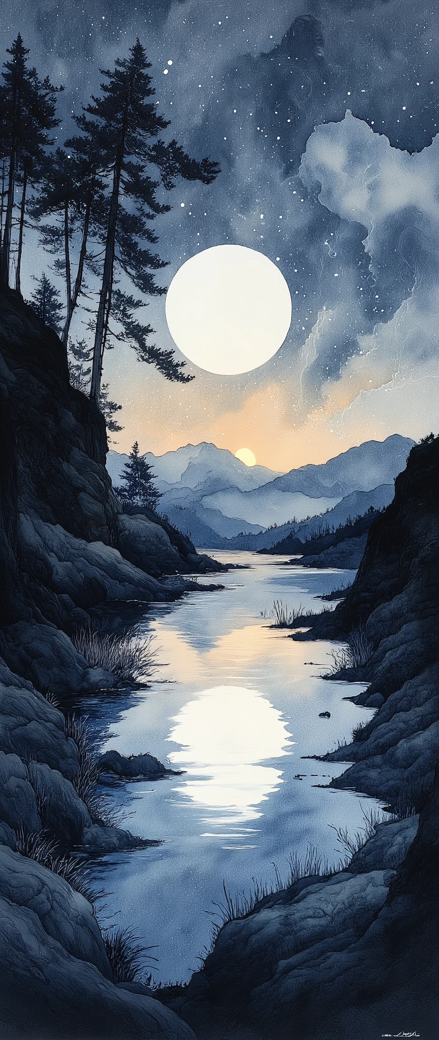 (  Masterpiece :1.2, Superior Quality ,  MIRROR FINISH  ,  best illustration ),8k,16k, wallpaper,(Quiet Lake),(Morning Haze),(Quiet Lake畔の森の小屋),(  knight ),(moonlight),(watercolor),( dynamic ),(美しい  gradient  ),(tranquility),(dark and quiet atmosphere  :1.6),(wash:2.0),(Stay wet:2.0),(Layering:2.0),(  gradient  )