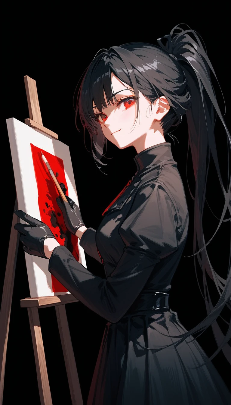 girl,Black hair, thin hair, slightly white, in red eyes , pretty short hair , long ponytail ,Paintings, Evil, Black Dress with Long Sleeves Closure, Chestnut-sized, Black long-sleeved shirt , put on black gloves, with a slight smile, black background,