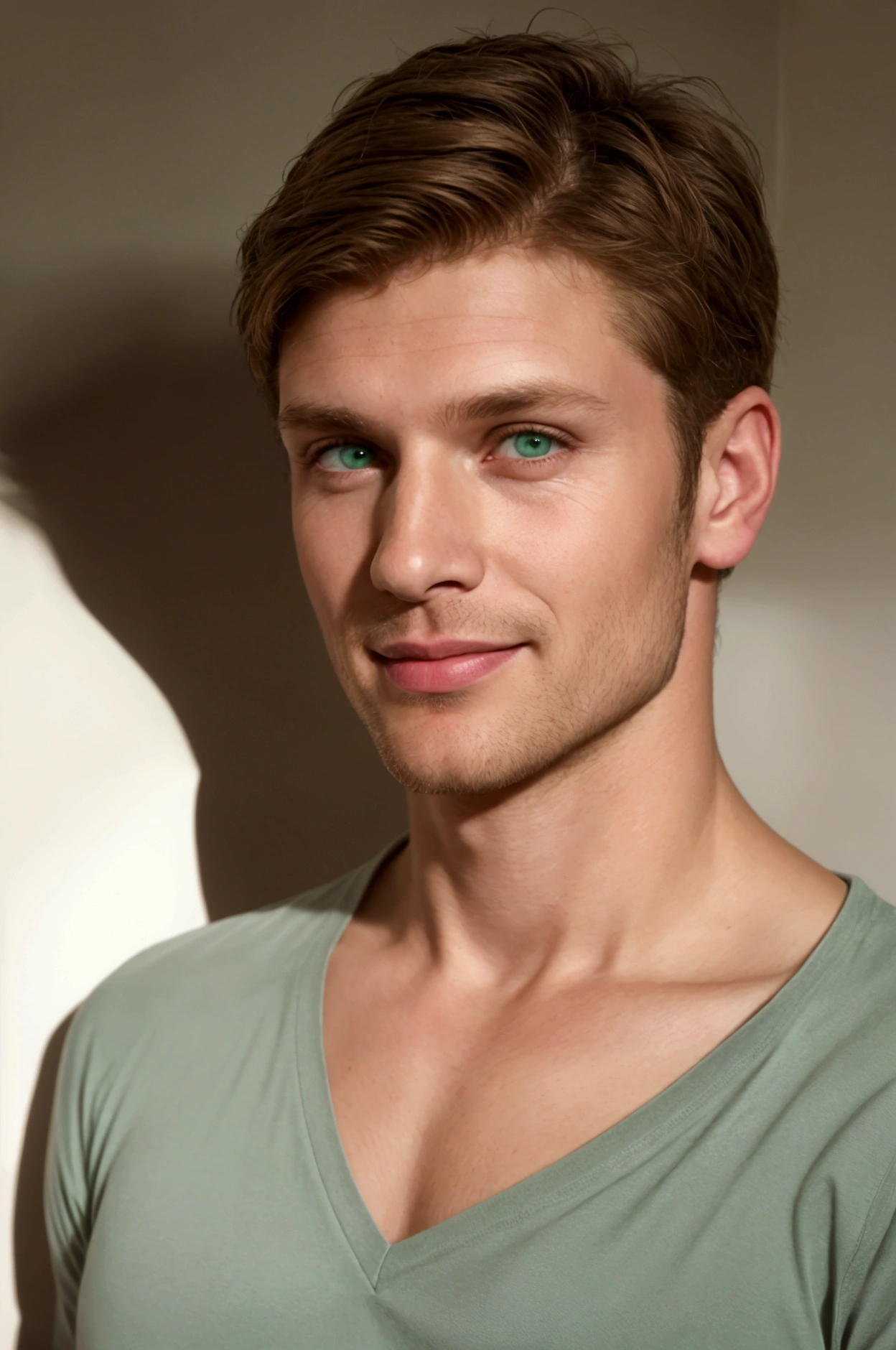 ( better quality ,highres), attractive 40-year-old Caucasian man with distinguished features , athletic build, high height,  Light brown hair of medium length , clean-cut gradient haircut , intriguing green eyes,  seductive smile with a soft expression ,  He wore a black V-neck shirt , , Detailed description of facial features ,  perfectly symmetrical face , sharp details,ultra-thin representation , studio lighting that masterfully accentuates his excellent features,