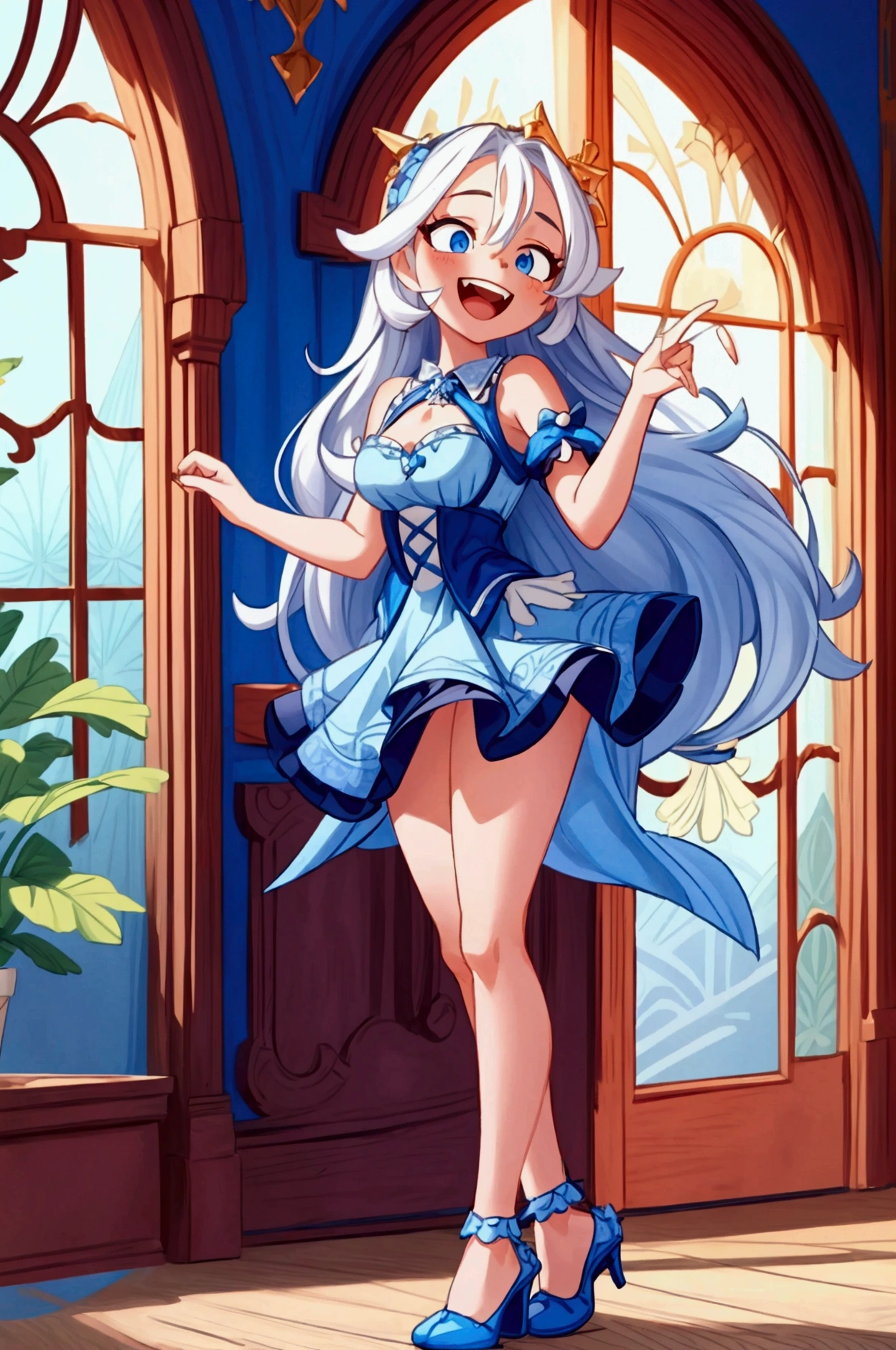 (Masterpiece, best quality), 1 girl, white semi long hair, blue eyes, standing indoors with intricate details and sunlight, blue frilled dress with short neckline, red details, black heels, sexy pose, crazy smile, crazy laugh showing teeth, close eyes, beautiful legs, mature body, gorgeous, pronounced breasts