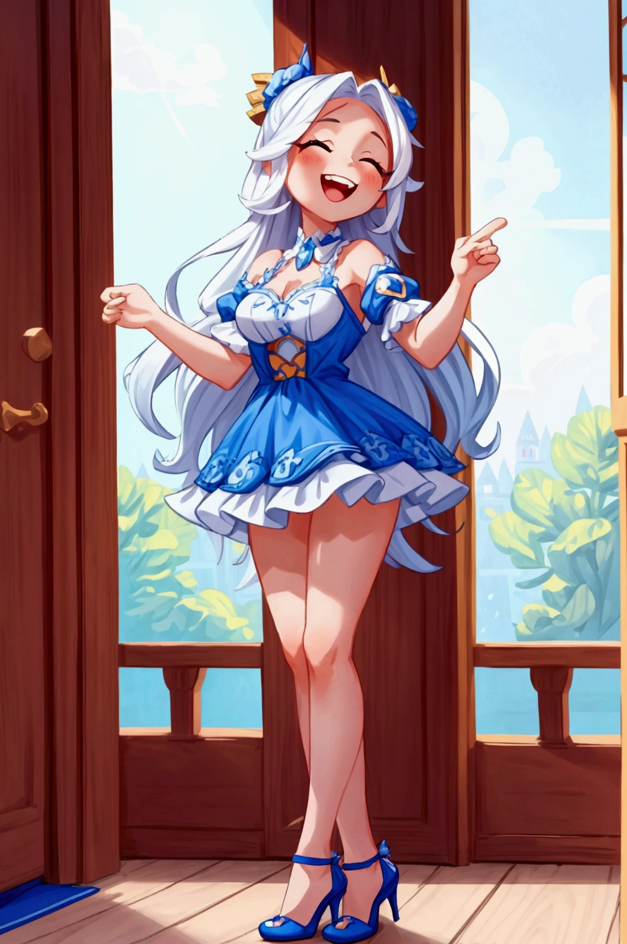 (Masterpiece, best quality), 1 girl, white semi long hair, blue eyes, standing indoors with intricate details and sunlight, blue frilled dress with short neckline, red details, black heels, sexy pose, crazy smile, crazy laugh showing teeth, close eyes, beautiful legs, mature body, gorgeous, pronounced breasts