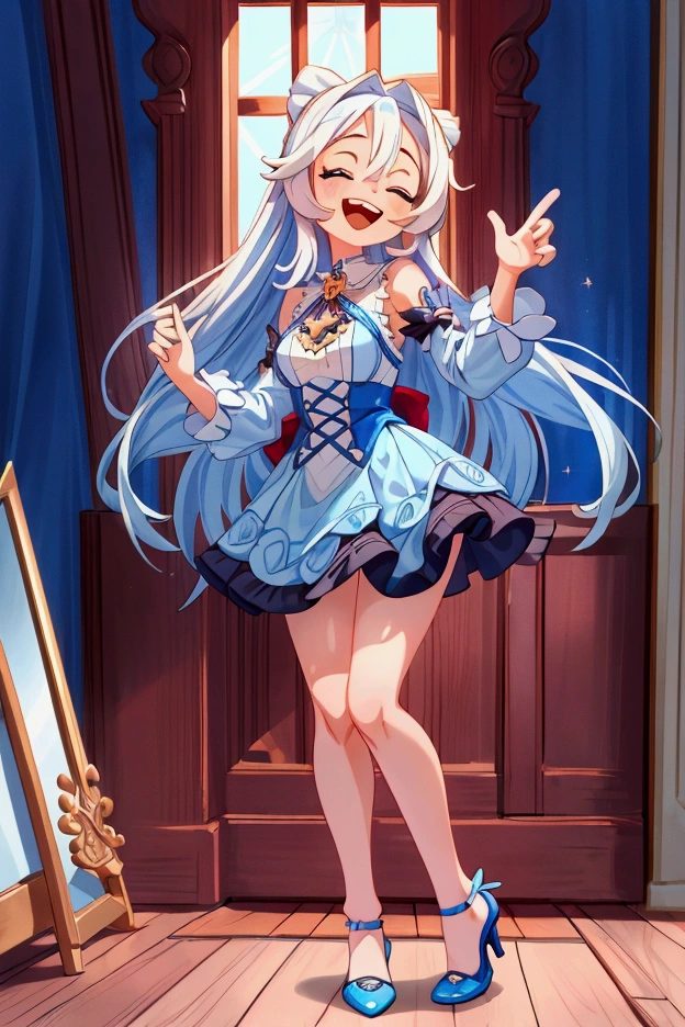 (Masterpiece, best quality), 1 girl, white semi long hair, blue eyes, standing indoors with intricate details and sunlight, blue frilled dress with short neckline, red details, black heels, sexy pose, crazy smile, crazy laugh showing teeth, close eyes, beautiful legs, mature body, gorgeous, pronounced breasts