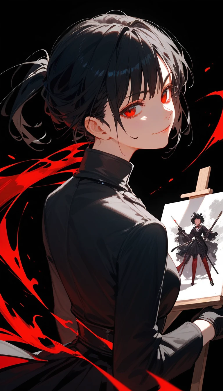 girl,Black hair, thin hair, slightly white, in red eyes , pretty short hair , long ponytail ,Paintings, Evil, Black Dress with Long Sleeves Closure, Chestnut-sized, Black long-sleeved shirt , put on black gloves, with a slight smile, black background,