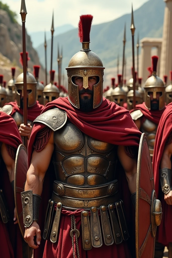 An army of Spartan warriors walking in the rain in a ruined modern city