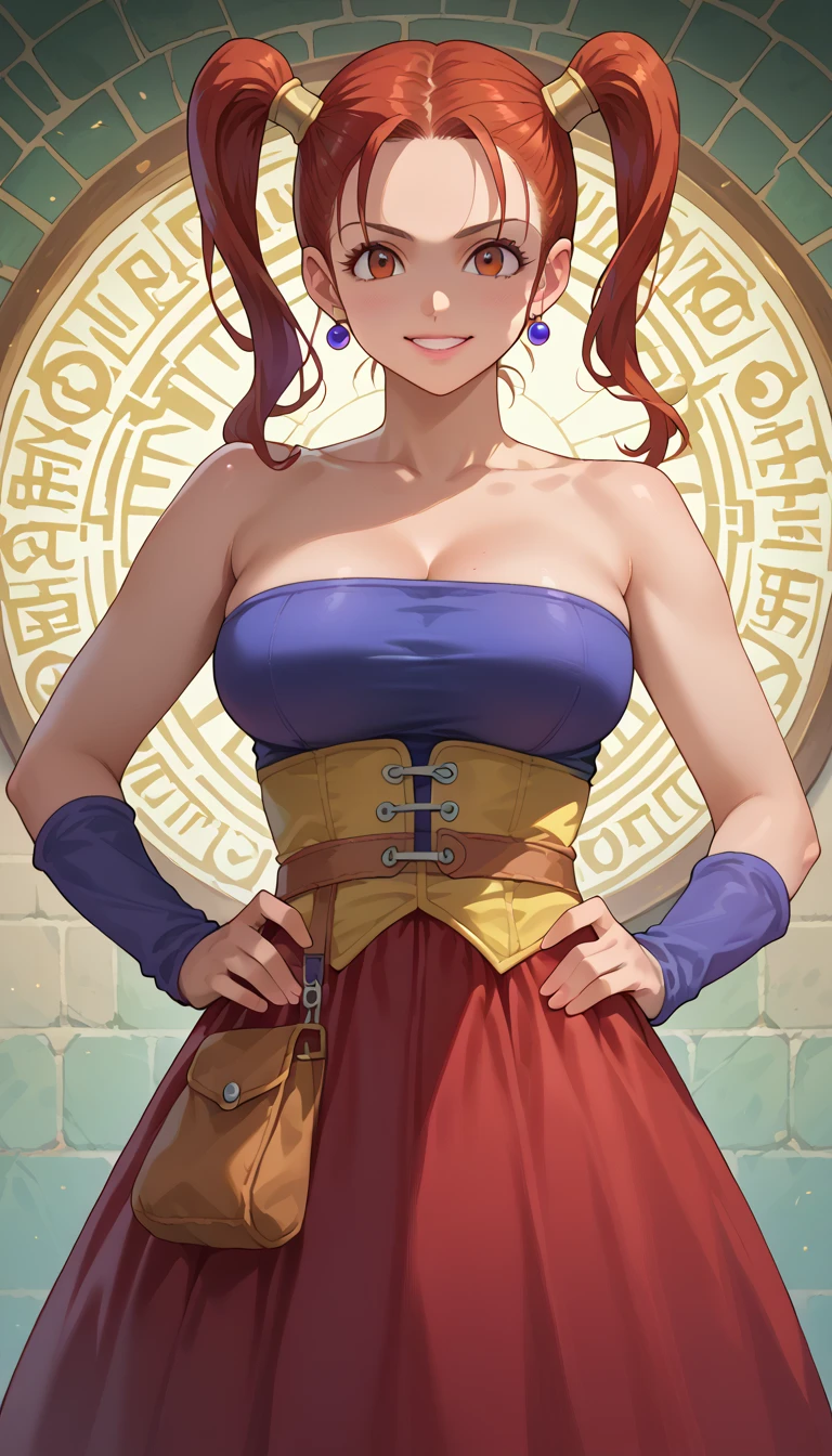  1 girl, Alone,  standing,  Confident Look ,  put your hands on your hips , Bare shoulders, Red Hair,  twin tails,  young woman,  Jessica Albert , Dragon Quest VIII ,  clevis,smile, Big Breasts, amount, hair intakes,  Jessica Albert  clothes, Long Red Skirt,  vibrant colors, Realistic lighting,  detailed skin,  detailed face ,  Front Shot ,  Leaning on the Camera ,  Masterpiece ,  best quality,  detailed background,  anime style ,  high definition ,  high definition,  complicated,  sharp concentration,  cute face