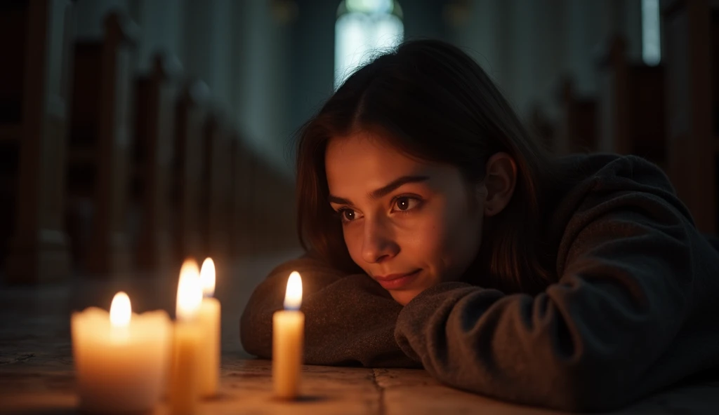 Framing: A close-up of the woman sitting on the floor near a cluster of candles, her arms wrapped around her knees and her head resting on them. Her face is partially visible, with her eyes open and gazing softly at the flickering lights.
Lighting: The candlelight softly illuminates her face, casting gentle, flickering highlights across her features and creating a glow around the cluster of candles.

Background: The dim expanse of the church stretches into shadow, with faintly visible columns and arches framing her quiet moment of reflection.