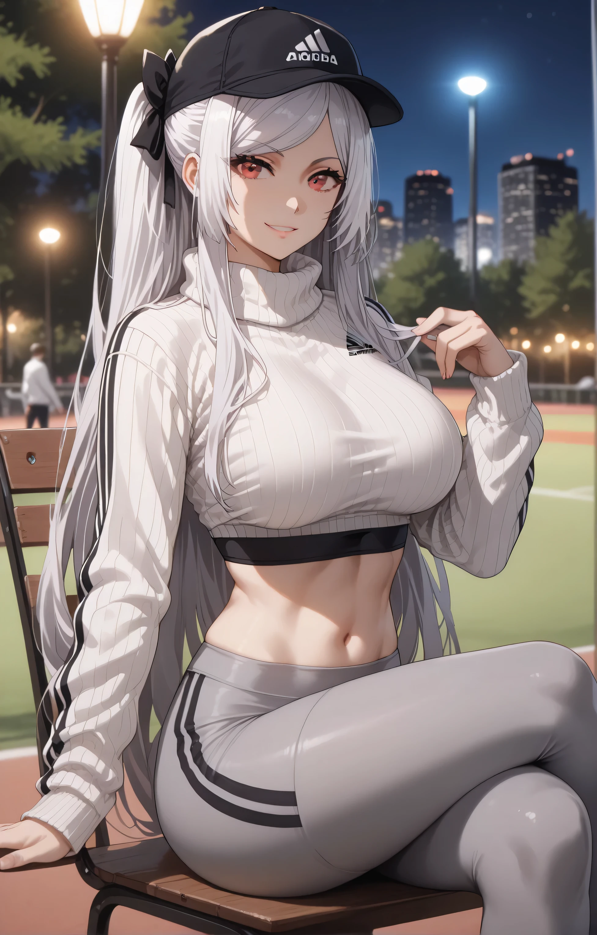 Source anime, Tall girl, Fit girl,score_9, score_8_up, score_7_up, score_6_up, uncensored, alexia midgar, long hair, , black hair ribbon, white hair, red eyes, sidelocks, ribbon, large breast, sports bra,grey leggings, navel, Adidas white sweater, crop sweater, white socks, sneaker, cap, baseball hat, looking at viewer, seductive smile, city, night, blurry backgrounds, sit down, crossed legs, park, chair, tree, cowboy shot 