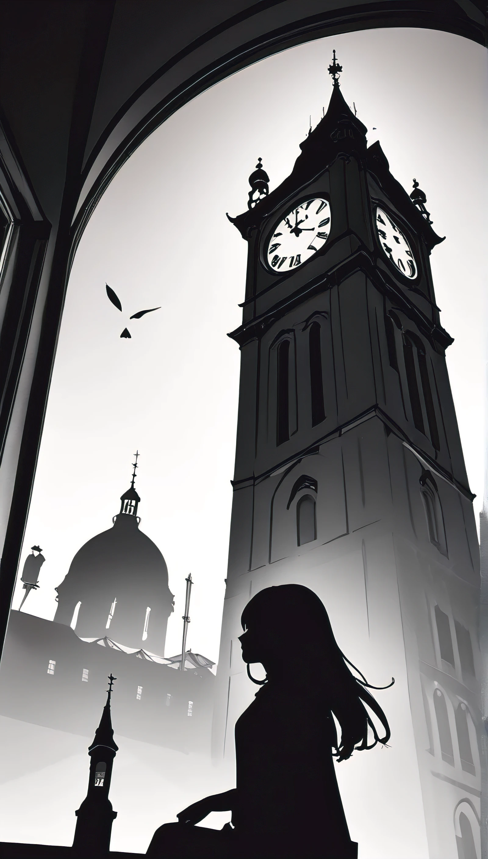 ((Monochrome artwork))、((Paper cutting style)),High contrast、(8k, Highest quality)、Ultra-high resolution、adorable、Highest quality, beautiful, Absurd beauty、masterpiece、Best image quality、(Silhouette),Clock Tower and Girl Theme、European Landscape、Clock Tower Background、A girl taking a commemorative photo、Looking up from below、Emphasize shading