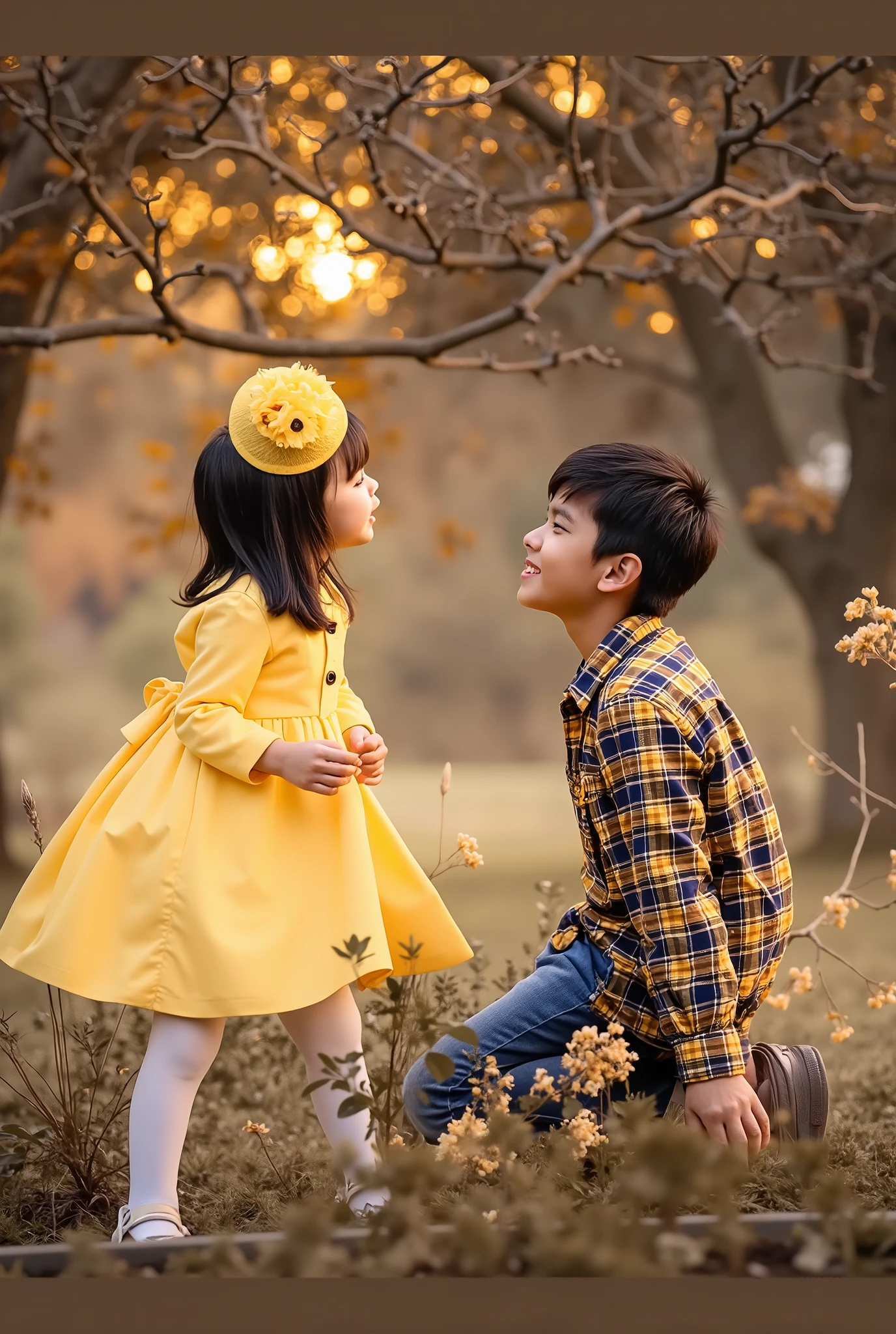 high resolution,absurdres,masterpiece,(little child boy and girl:1.2) sitting side by side,wearing Kindergarten_uniform,golden hour,Park bench