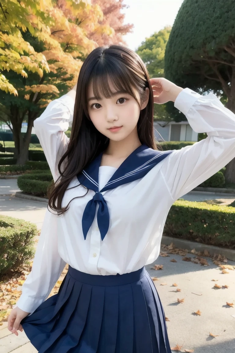 (  Masterpiece ,  best quality:1.2),  1 Japanese girl inviting a guy in bed, Alone, ( cute faces like popular idols) ,18 years old、( white shirt, Sailor school uniform,  navy blue pleated skirt with fallen leaves on clothes and head:1.2)、Popular Models、Beautiful figure, At the park