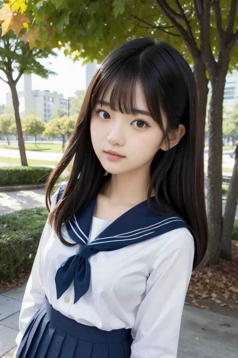 (  Masterpiece ,  best quality:1.2),  1 Japanese girl inviting a guy in bed, Alone, ( cute faces like popular idols) ,18 years old、( white shirt, Sailor school uniform,  navy blue pleated skirt with fallen leaves on clothes and head:1.2)、Popular Models、Beautiful figure, At the park