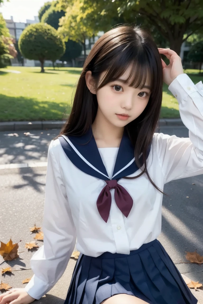 (  Masterpiece ,  best quality:1.2),  1 Japanese girl inviting a guy in bed, Alone, ( cute faces like popular idols) ,18 years old、( white shirt, Sailor school uniform,  navy blue pleated skirt with fallen leaves on clothes and head:1.2)、Popular Models、Beautiful figure, At the park