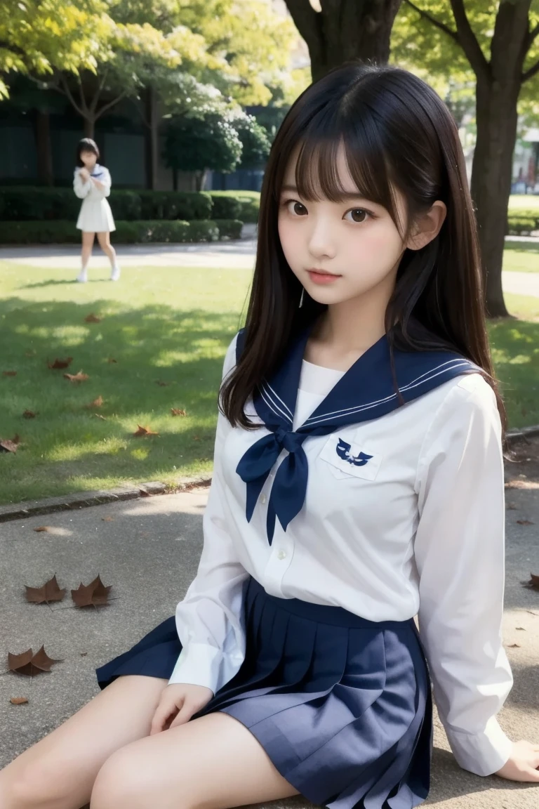 (  Masterpiece ,  best quality:1.2),  1 Japanese girl inviting a guy in bed, Alone, ( cute faces like popular idols) ,18 years old、( white shirt, Sailor school uniform,  navy blue pleated skirt with fallen leaves on clothes and head:1.2)、Popular Models、Beautiful figure, At the park