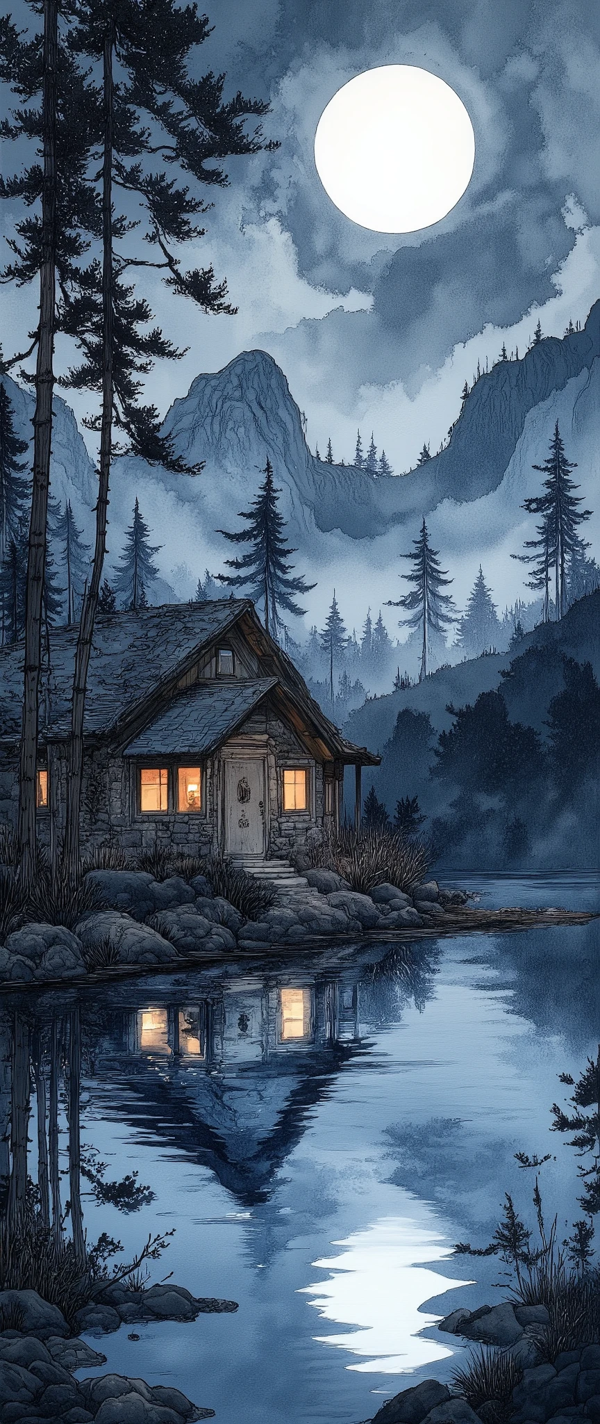 (  Masterpiece :1.2, Superior Quality ,  MIRROR FINISH  ,  best illustration ),8k,16k, wallpaper,(Quiet Lake),(Morning Haze),(Quiet Lake畔の森の小屋),(  knight ),(moonlight),(watercolor),( dynamic ),(美しい  gradient  ),(tranquility),(dark and quiet atmosphere  :1.6),(wash:2.0),(Stay wet:2.0),(Layering:2.0),(  gradient  )