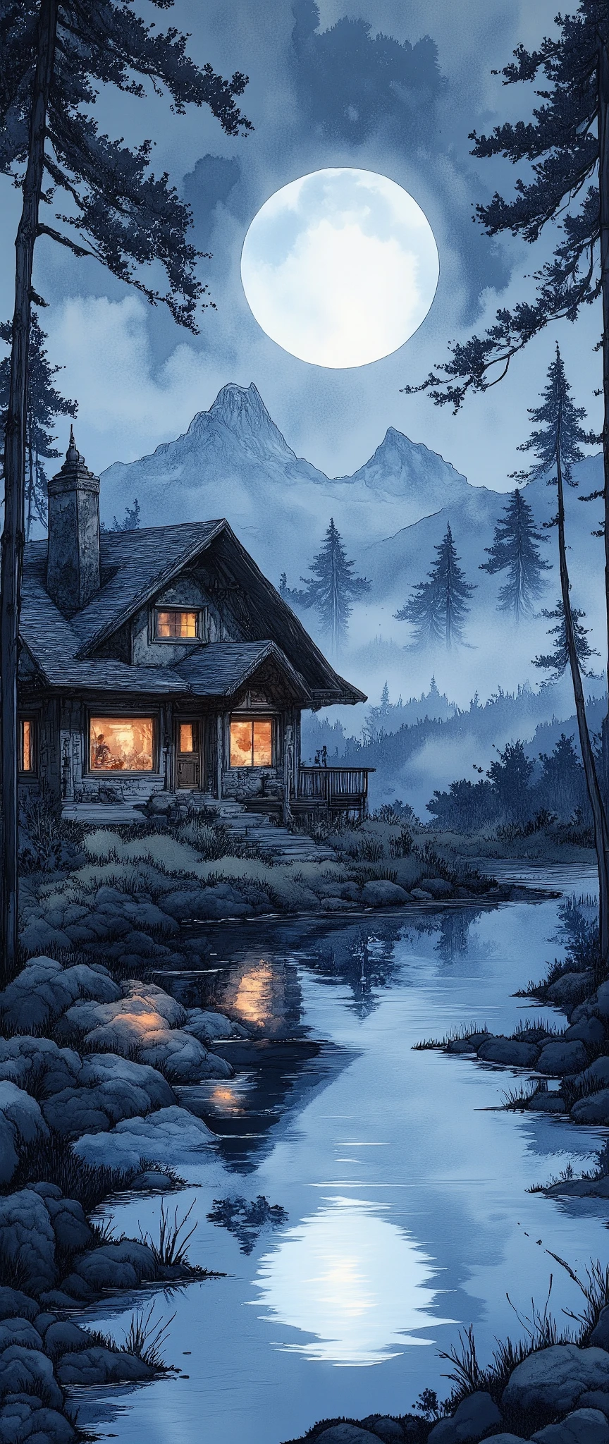 (  Masterpiece :1.2, Superior Quality ,  MIRROR FINISH  ,  best illustration ),8k,16k, wallpaper,(Quiet Lake),(Morning Haze),(Quiet Lake畔の森の小屋),(  knight ),(moonlight),(watercolor),( dynamic ),(美しい  gradient  ),(tranquility),(dark and quiet atmosphere  :1.6),(wash:1.5),(Stay wet:1.5),(Layering:1.5),(  gradient  )