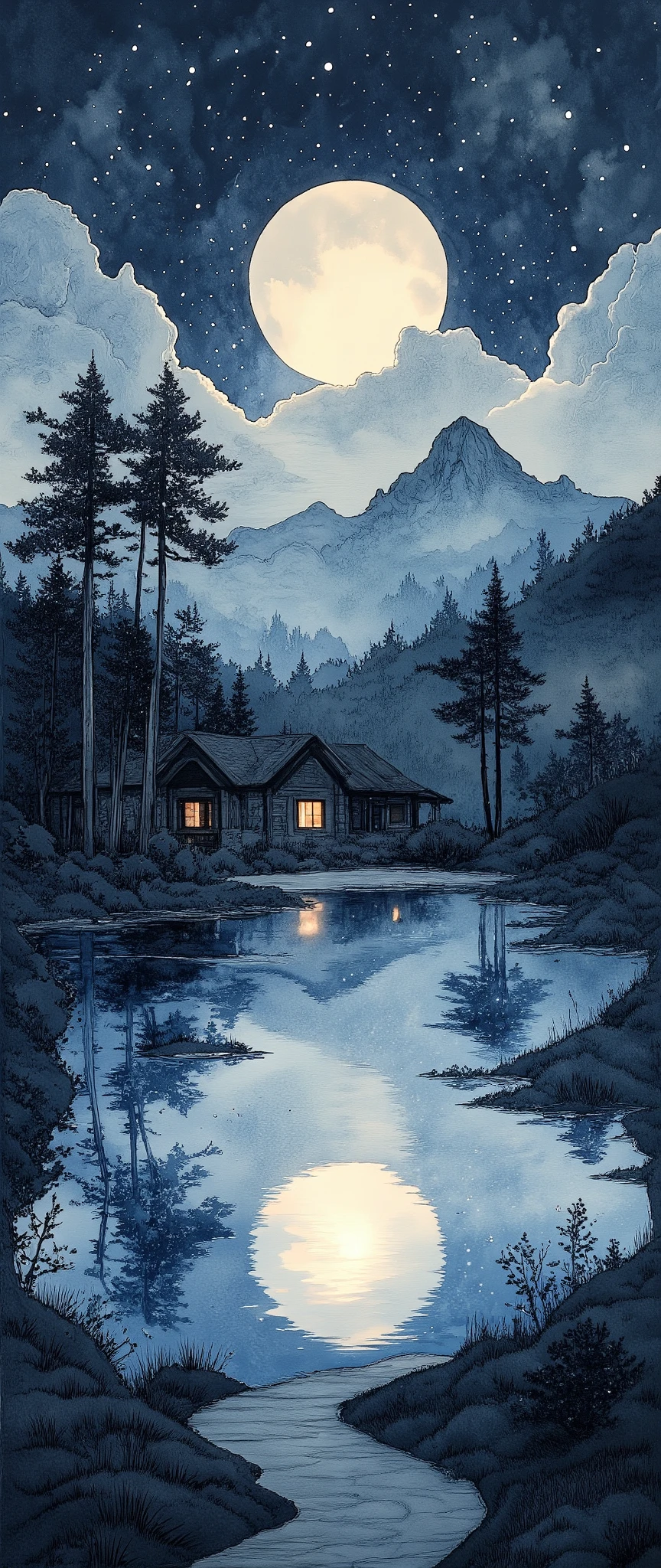 (  Masterpiece :1.2, Superior Quality ,  MIRROR FINISH  ,  best illustration ),8k,16k, wallpaper,(Quiet Lake),(Morning Haze),(Quiet Lake畔の森の小屋),(  knight ),(moonlight),(watercolor),( dynamic ),(美しい  gradient  ),(tranquility),(dark and quiet atmosphere  :1.6),(wash:1.4),(Stay wet:1.4),(Layering:1.4),(  gradient  )