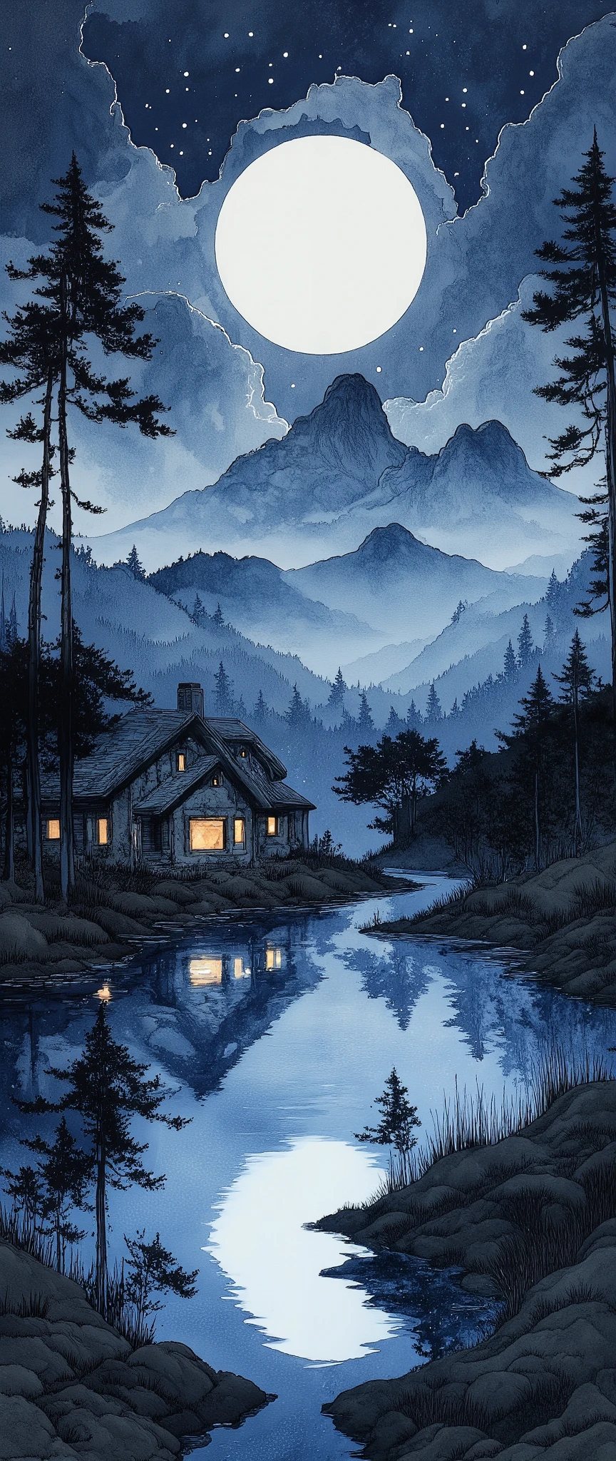 (  Masterpiece :1.2, Superior Quality ,  MIRROR FINISH  ,  best illustration ),8k,16k, wallpaper,(Quiet Lake),(Morning Haze),(Quiet Lake畔の森の小屋),(  knight ),(moonlight),(watercolor),( dynamic ),(美しい  gradient  ),(tranquility),(dark and quiet atmosphere  :1.6),(wash:1.4),(Stay wet:1.4),(Layering:1.4),(  gradient  )