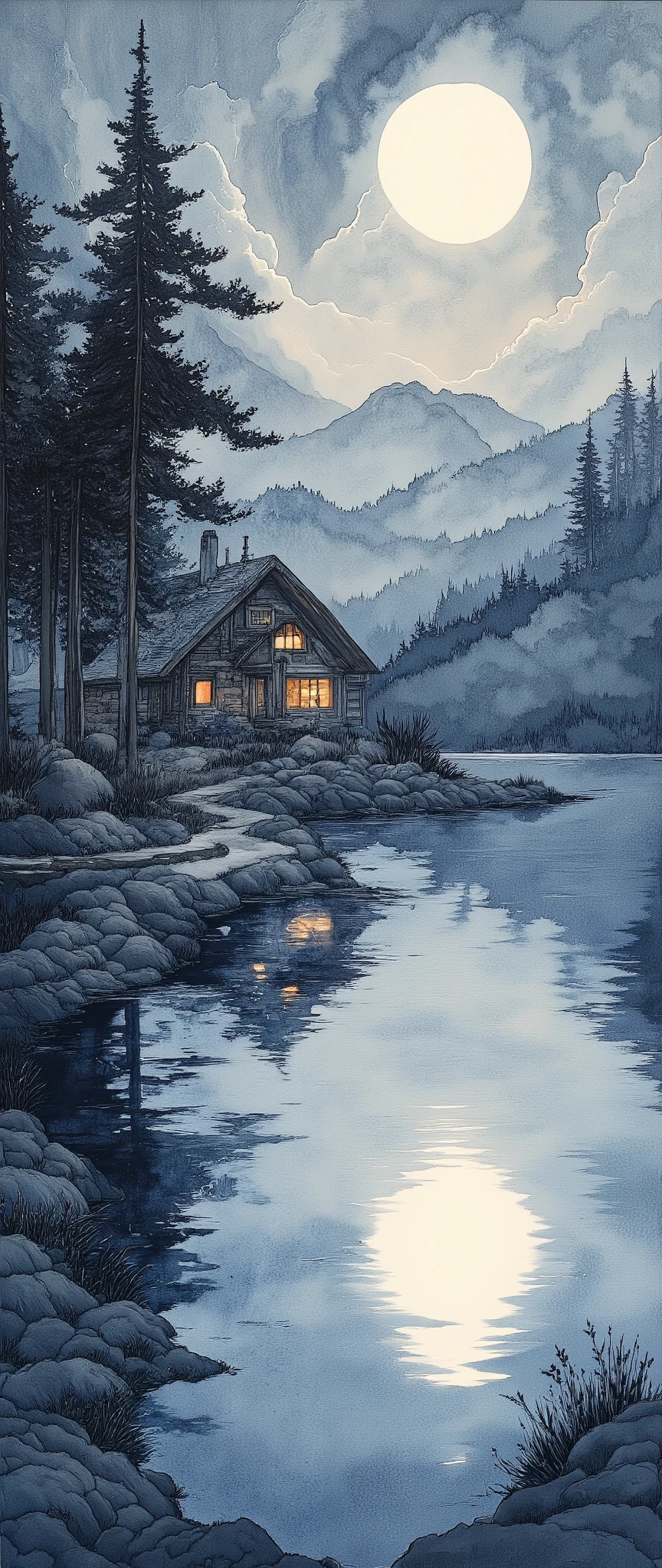 (  Masterpiece :1.2, Superior Quality ,  MIRROR FINISH  ,  best illustration ),8k,16k, wallpaper,(Quiet Lake),(Morning Haze),(Quiet Lake畔の森の小屋),(  knight ),(moonlight),(watercolor),( dynamic ),(美しい  gradient  ),(tranquility),(dark and quiet atmosphere  :1.6),(wash:1.3),(Stay wet:1.3),(Layering:1.3),(  gradient  )